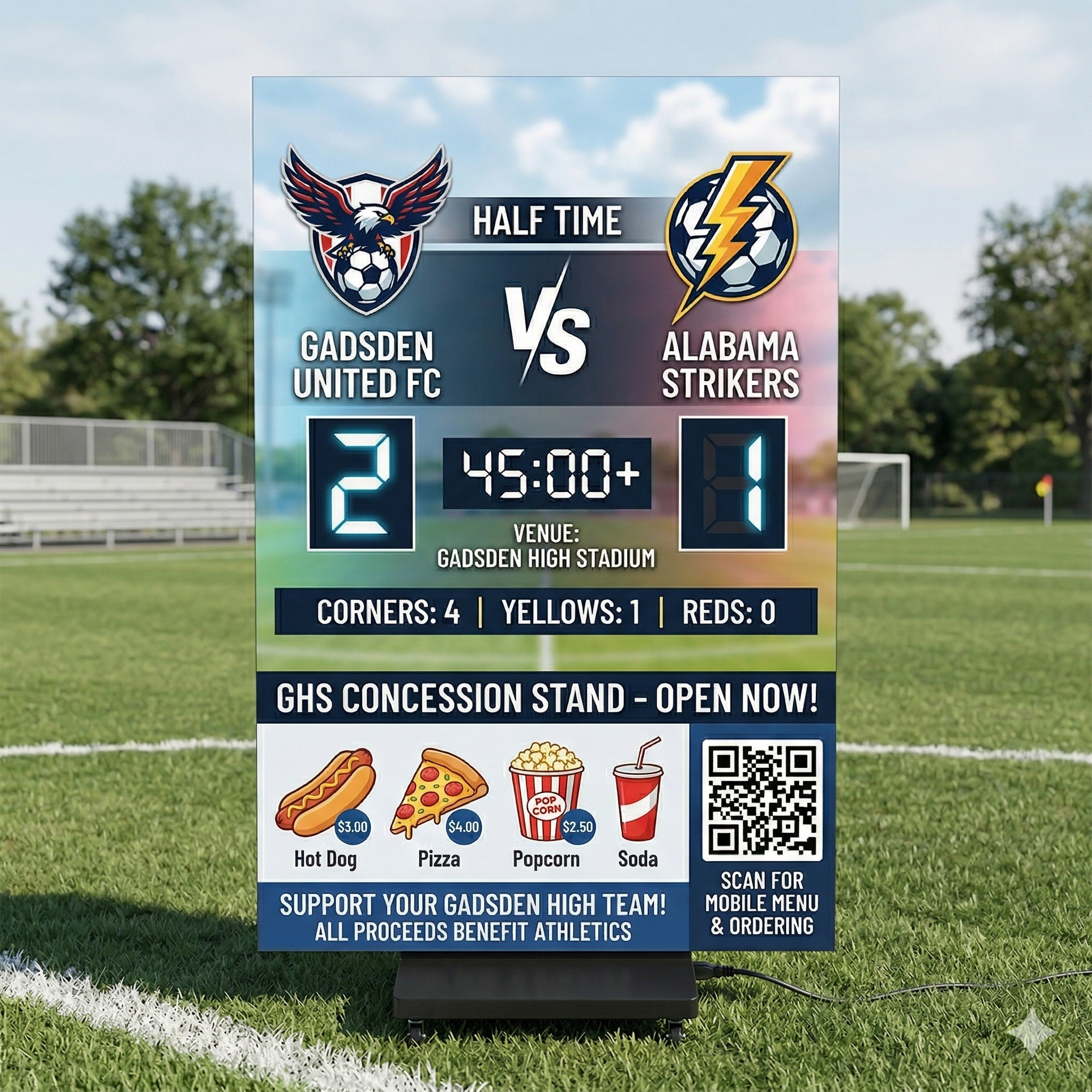 Soccer scoreboard with concessions and sponsor messaging